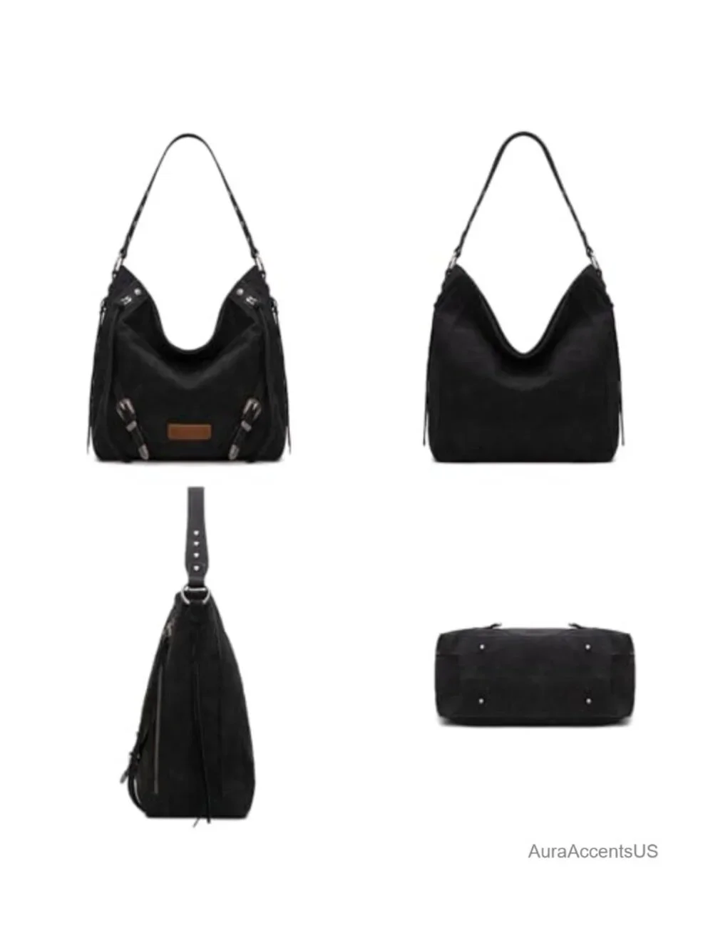 Faux Suede Large Hobo Shoulder Bag with Buckle Fringe Zipper Crossbody